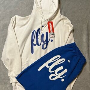 Fly Polar White Hood Sweatshirt Blue Sweatpants Sweat Suit Unisex Women’s L NWT